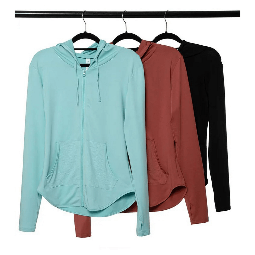 Three-toned women's athletic clothing set on hangers, featuring breathable, anti-wrinkle hoodies in mint, rust, and black shades. SF2090.